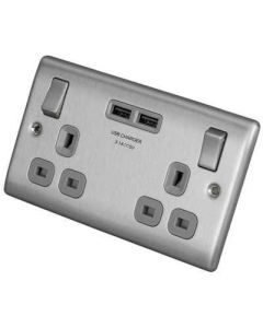 BG 2 Gang Switched Power Socket With Twin USB Outlet Brushed Steel 13A (NBS22U3G-01)